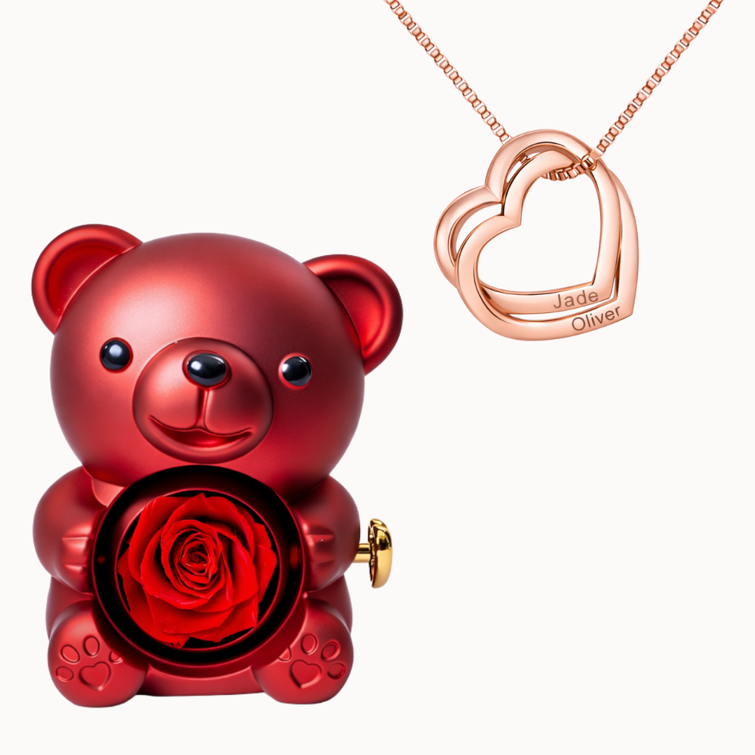 Caja Oso Eterno con Collar Corazones Entrelazados Personalizado