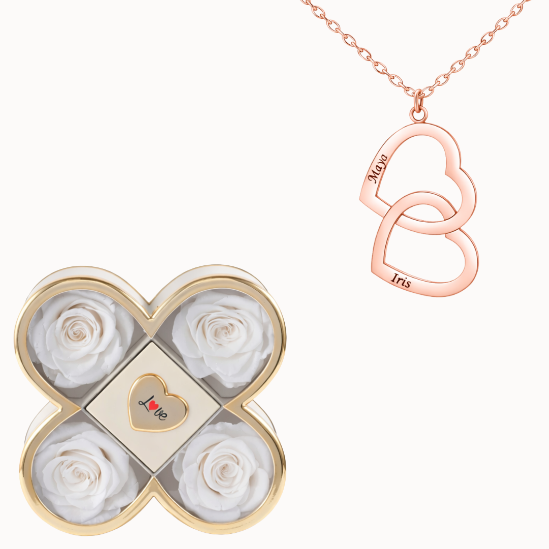 Caja Trébol Eterno con Collar Doble Corazón Personalizado