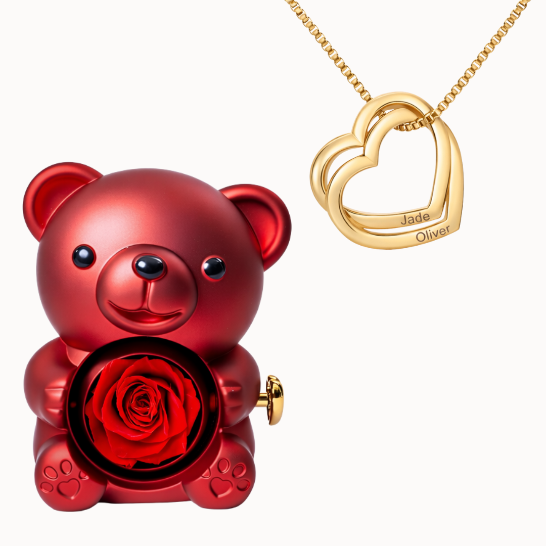Caja Oso Eterno con Collar Corazones Entrelazados Personalizado