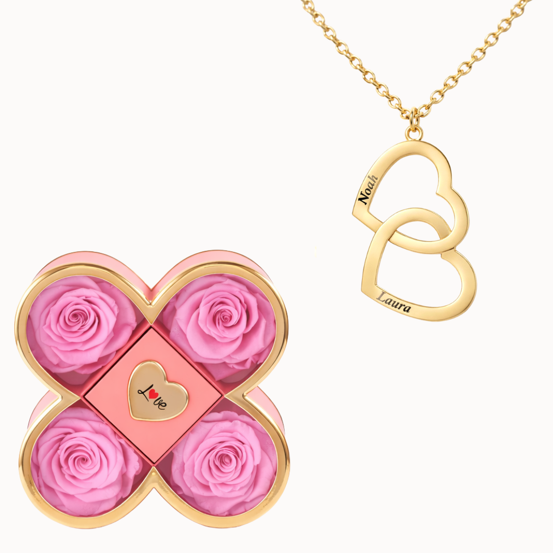 Caja Trébol Eterno con Collar Doble Corazón Personalizado