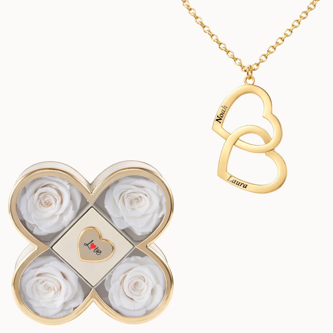 Caja Trébol Eterno con Collar Doble Corazón Personalizado