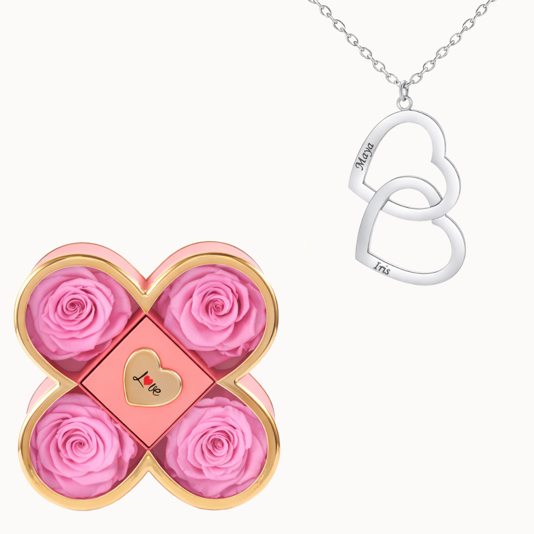 Caja Trébol Eterno con Collar Doble Corazón Personalizado