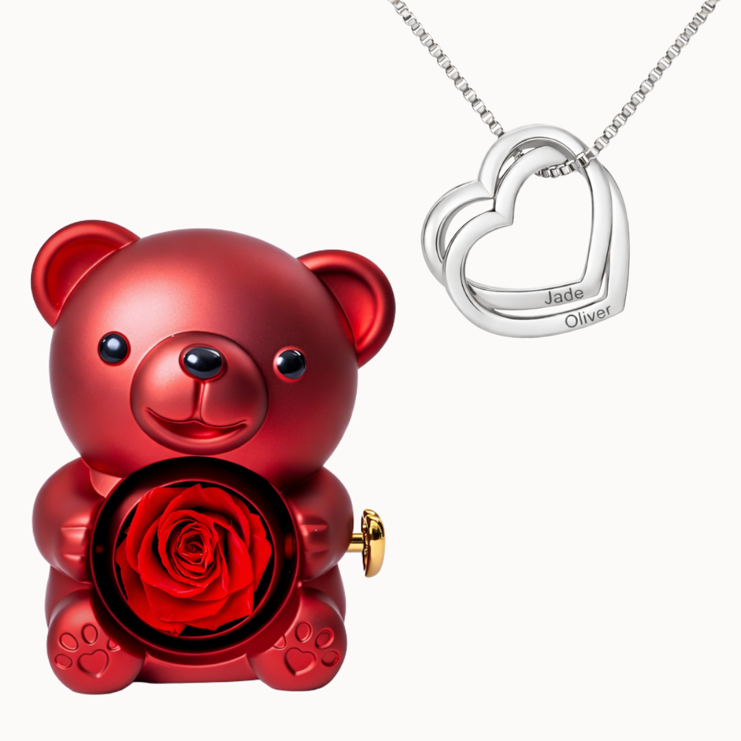 Caja Oso Eterno con Collar Corazones Entrelazados Personalizado