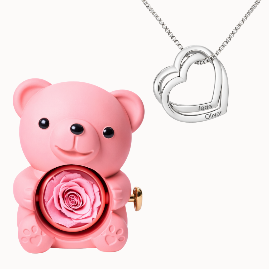 Caja Oso Eterno con Collar Corazones Entrelazados Personalizado